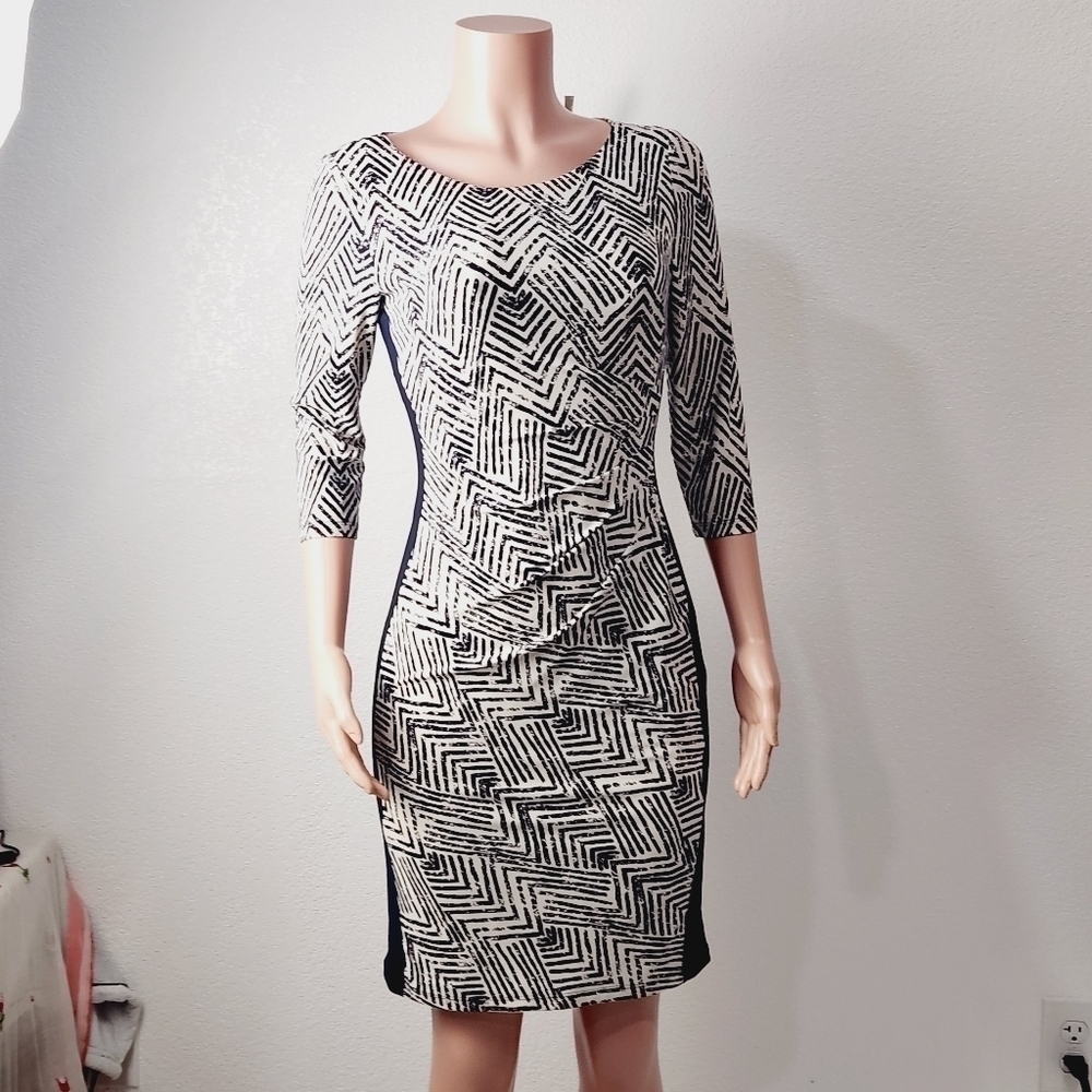 Lauren Ralph Lauren BLK & Wht With Navy Blue Stripe Abstract Dress 2